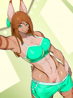 abs accessory anthro athletic athletic_female athletic_wear big_breasts blep bodily_fluids bottomwear bottomwear_down bra breasts brown_hair chest_tuft clothed clothing female flower flower_in_hair fur genital_fluids genitals green_eyes gym_bottomwear gym_shorts hair hair_accessory high-angle_view looking_at_viewer midriff muscular muscular_anthro muscular_female partially_clothed plant shorts shorts_down solo sports_bra tan_body tan_fur thick_thighs tongue tongue_out tuft underwear vaginal_fluids vulva muart242 samantha_(sil_blackmon) felid feline lynx mammal hi_res