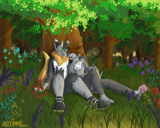 against_natural_surface against_surface against_tree anthro being_watched blep branch brown_hair duo eyes_closed feral flower forest fur grass grey_body grey_fur hair hand_on_chest happy horn leaning_on_another leaning_on_shoulder light looking_at_another looking_at_partner looking_from_afar lurking male on_grass on_ground open_mouth partners pawpads pink_pawpads pink_tongue plant relationship sitting tongue tongue_out tree 2001maxx conditional_dnp mythology dawnsnout_smootheye maxx_(2001maxx) canid canine canis domestic_dog dragon husky jellydragon mammal mythological_creature mythological_scalie nordic_sled_dog scalie spitz wolf absurd_res detailed hi_res huge_filesize lighting shaded