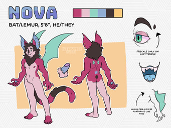 abstract_background anthro big_ears blue_tongue brown_wings butt closed_smile ear_piercing ear_ring ear_stud erection fangs featureless_crotch front_view fur genitals glistening glistening_eyes green_eyes humanoid_genitalia humanoid_penis looking_at_viewer male membrane_(anatomy) membranous_wings mouth_closed narrowed_eyes nude open_mouth penis piercing pink_body pink_fur plantigrade rear_view ring_piercing smile solo standing teeth text tongue wings kiwyne nova_(kiwyne) bat hybrid lemur mammal primate strepsirrhine 2021 absurd_res artist_name dated english_text hi_res model_sheet