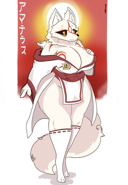 anthro asian_clothing big_breasts black_nose black_sclera breasts cleavage clothed clothing east_asian_clothing female fur huge_breasts japanese_clothing kimono legwear solo tail text white_body white_clothing white_fur white_kimono white_legwear yellow_eyes salchikokokoko capcom okami_(capcom) amaterasu_(okami) canid canine canis mammal wolf english_text full-length_portrait hi_res japanese_text portrait
