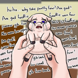 abuse ambiguous_feral ambiguous_gender ambiguous_human animal_abuse black_hooves blurred_background bodily_fluids crying dialogue duo feral first_person_view holding_another hooves human_pov mental_breakdown mind_break open_mouth pov_hands purple_eyes shaved size_difference solo_focus suffering tan_body tan_skin tears text wall_of_text young young_feral yellowcottoncandy030 fluffy_pony fluffy_pony_(species) human mammal 1:1 2025 broken_language colored english_text hi_res