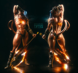 abs areola axe back_groove battle_axe big_breasts black_hair boots breasts butt clothing female footwear glistening glistening_body glistening_breasts glistening_skin hair horn humanoid_pointy_ears navel nipples not_furry panties pointy_ears red_body red_skin shoes solo towel underwear creamtau baldur's_gate baldur's_gate_3 larian_studios karlach humanoid tiefling 2026 3d_(artwork) digital_media_(artwork) hi_res