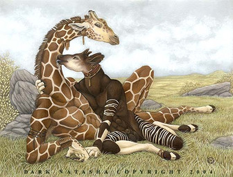 animal_genitalia anthro armpit_hair body_hair detailed_background duo furgonomics genitals hooves horn licking long_neck male male/male ossicone penis penis_tip sheath tongue tongue_out dark_natasha giraffe giraffid mammal okapi 2004 shaded signature soft_shading traditional_media_(artwork)