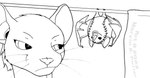 ambiguous_gender anthro ball banner baseball_(ball) duo female feral fur hair humor membrane_(anatomy) membranous_wings pun size_difference unimpressed upside_down visual_pun whiskers wings cybercorn_entropic adora_belle bat dormouse mammal rodent 2023 black_and_white monochrome