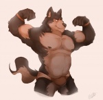 anthro biceps brown_body brown_fur bulge clothed clothing flexing fur grin looking_at_viewer male musclegut muscular muscular_anthro muscular_male nipples pecs pose simple_background skimpy slightly_chubby smile solo speedo swimwear topless underwear white_background vetrowolf canid canine canis mammal wolf hi_res