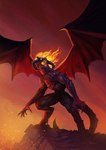 angry anthro female fire fire_head flaming_hair pseudo_hair rock sky solo spread_wings wings mgnz mythology beelzebub_(jasonvuk666) demon dragon monster mythological_creature mythological_scalie scalie hi_res story story_in_description