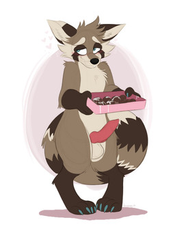 4_toes animal_genitalia animal_penis anthro balls blue_eyes blush blush_lines bodily_fluids box_of_chocolates brown_body brown_fur candy canine_genitalia canine_penis chocolate claws cum cum_on_food dessert dripping embarrassed erection feet food fur genital_fluids genitals heart_symbol holding_object knot knotted_penis looking_away male nude penis precum precum_drip simple_background snout solo standing tail toes orlandofox jono mammal procyonid raccoon flat_colors guide_lines hi_res