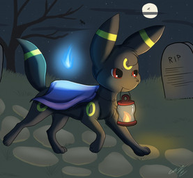 3_toes all_fours ambiguous_gender black_body black_fur black_nose cemetery clothing costume feet feral fur grass grave lamp lantern light magic moon moonlight outside plant quadruped raised_tail red_eyes smile solo tail toes tree conditional_dnp naoki_wolf nintendo pokemon bat eeveelution generation_2_pokemon mammal pokemon_(species) umbreon