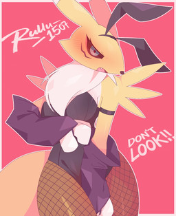 anthro armwear big_tail black_sclera blue_eyes blush breasts bridal_gauntlets bunny_costume claws clothed clothing costume dipstick_ears dipstick_tail ear_markings facial_markings fake_ears fake_rabbit_ears fangs female fishnet_clothing fishnet_legwear fur gloves_(marking) head_markings legwear looking_at_viewer markings multicolored_ears neck_tuft open_mouth red_background simple_background solo tail tail_markings teeth text thick_thighs tuft white_body white_breasts white_fur yellow_body yellow_fur rullu_1507 bandai_namco digimon canid digimon_(species) mammal renamon 2025 artist_name hi_res