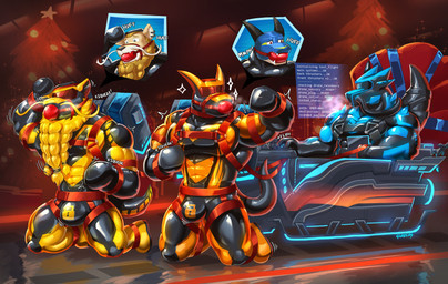 anthro backpack ball_gag bell bell_harness biped blindfold blue_body blue_eyes blue_scales chastity_bulge chastity_device christmas_tree dominant dominant_anthro drone fur gag green_eyes group harness holidays kneeling kneeling_on_ground lock_bulge male mitten_hands muscular muscular_anthro muscular_dom muscular_male muscular_sub plant red_eyes reindeer_antlers scales sleigh submissive submissive_anthro submissive_male tied_beard tree trio yellow_body yellow_fur glaucablitz christmas european_mythology mythology dragon eastern_dragon mythological_creature mythological_scalie scalie western_dragon 2025 hi_res