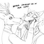 1:1 anthro antlers beastars bodily_fluids canid canine canis cervine deer dialogue duo english_text hand_in_mouth hi_res hladilnik horn legoshi_(beastars) louis_(beastars) male male/male mammal monochrome red_deer seductive sharp_teeth sketch sweat teeth text tongue wolf