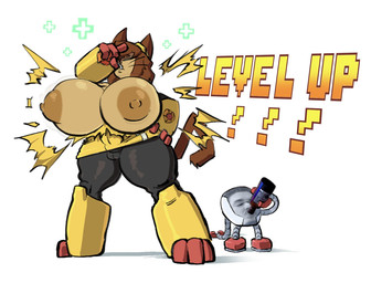 anthro apple_juice areola beverage breast_expansion breast_growth breasts bursting_through_clothing clothing drinking expansion female gameplay_mechanics growth hyper juice_(beverage) level_number level_up machine male male/female simple_background solo text tight_clothing torn_clothing voice_actor_joke wardrobe_malfunction white_background bobybostod46 gameoverse glitch_productions jschlatt kaboodle_(gameoverse) kit_bodega domestic_cat felid feline felis human humanoid mammal robot 2026 english_text hi_res