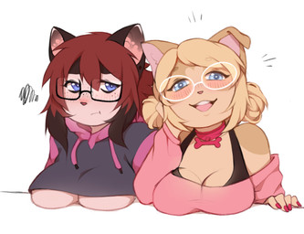 anthro bangs black_hair blonde_hair blue_eyes breasts clothing collar colored_nails cropped_hoodie duo ear_piercing eyelashes eyewear female female_anthro fingers freckled_face freckles fur glasses hair head_on_hand looking_at_viewer medium_breasts medium_hair multicolored_hair nails open_mouth open_smile piercing pink_clothing pink_shirt pink_topwear red_hair red_nails shirt simple_background smile tan_body tan_fur teeth topwear two_tone_hair wearing_glasses white_background coff domestic_cat felid feline felis mammal colored colored_sketch digital_drawing_(artwork) digital_media_(artwork) hi_res shaded sketch