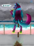 anthro beach blue_body blue_fur butt claws d00mhound dialogue feces feet female filth fur hair hi_res nude pawpads pooping purple_body purple_fur purple_hair scatplay sea seaside thunderstorm toe_claws toes tornado unknown_(disambiguation) water waterspout
