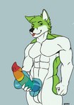 anthro balls big_penis black_nose bottomless clothed clothing erection fingers fur genitals green_body green_eyes green_fur hair looking_at_viewer male multicolored_penis muscular muscular_male nude one_eye_closed penetrable_sex_toy penetration penis rainbow_penis sex sex_toy simple_background smile solo text tongue tongue_out white_body white_fur wink mrtwen fidget_the_fox canid canine fox mammal animated digital_media_(artwork) loop short_playtime signature