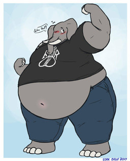 anthro belly belly_peeking_out big_belly blush bodily_fluids clothed clothing dialogue flexing flexing_bicep flying_sweatdrops grey_body grey_skin looking_aside looking_at_self looking_away male musclegut muscular muscular_anthro muscular_male navel obese obese_anthro obese_male overweight overweight_anthro overweight_male proboscis_(anatomy) question solo speech_bubble standing sweat sweatdrop text thick_thighs trunk_(anatomy) tusks wide_hips eddy_okapi elephant elephantid mammal proboscidean 2017 artist_name english_text hi_res