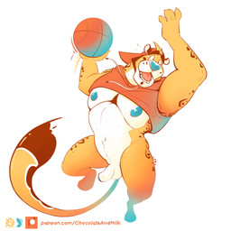 anthro ball balls basketball_(ball) big_muscles big_pecs blue_glans blue_nipples blue_nose bottomless brown_markings clothed clothing flaccid foreskin front_view fur genitals glans hat headgear headwear humanoid_genitalia humanoid_penis male male_anthro markings midair muscular muscular_anthro muscular_male navel nipples open_mouth pecs penis red_clothing red_hat red_headwear red_tongue red_topwear simple_background solo text tongue topwear white_background white_balls white_body white_fur white_penis yellow_body yellow_fur chocolateandmilk felid mammal 1:1 hi_res url