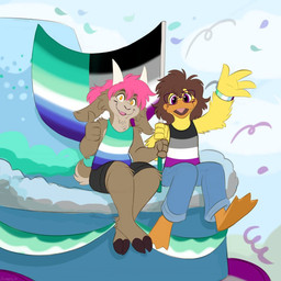 2_horns anthro asexual_pride_colors beak black_bottomwear black_clothing black_shorts bottomwear brown_body brown_fur brown_hair clothing cloven_hooves confetti countershade_face countershading denim denim_bottomwear denim_clothing duo feathers feet fur gesture hair hooves horn jeans lgbt_pride male membrane_(anatomy) open_mouth open_smile orange_beak pants pink_hair pink_tongue pride_colors purple_eyes shorts sitting smile streamers teeth toes tongue waving waving_at_viewer webbed_feet wristband yellow_body yellow_eyes yellow_feathers orlandofox daren_duck anas anatid anseriform avian bird bovid call_duck caprine dabbling_duck duck goat mallard mammal 1:1 hi_res