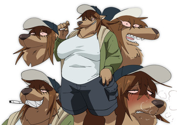 anthro aroused baseball_cap big_breasts blush bottomwear breasts breath brown_hair cargo_pants cigarette clothing eyelashes female green_clothing green_jacket green_topwear grin hair hat headgear headwear huge_breasts jacket long_hair multiple_expressions overweight overweight_anthro overweight_female pants pink_sclera sharp_teeth simple_background smile solo teeth topwear white_background inker_comics canid mammal 2025 absurd_res hi_res