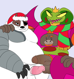 animal_genitalia anthro balls belly christmas_clothing christmas_headwear clothing cybernetic_limb cybernetics disability duo erection eye_patch eyewear foreskin genitals green_body green_scales hat headgear headwear holidays interspecies looking_at_viewer machine male male/male mechanical_arm overweight overweight_male penis santa_hat scales sheath fleshysack cartoon_network christmas mao_mao:_heroes_of_pure_heart badgerclops coby_(mao_mao) orangusnake tanner_(mao_mao) ape badger cobra cyborg haplorhine mammal mustelid musteline orangutan primate reptile scalie snake absurd_res hi_res