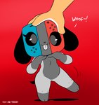 ambiguous_gender anthro black_eyes dialogue duo female female/ambiguous flat_chested floppy_ears grey_body long_ears looking_at_viewer nude petting red_background short_stack simple_background size_difference smile solo_focus standing text thick_thighs tongue tongue_out wide_hips joaoppereiraus nintendo nintendo_switch switch_dog switchy_(joaoppereiraus) animate_inanimate canid canine canis domestic_dog mammal 2019 english_text hi_res