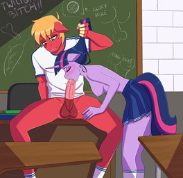 anthro anthrofied balls blonde_hair blush bottomless bottomless_male bottomwear chalkboard classroom clothed clothing duo erection female footwear freckles genitals hair horn male nipples oral penis school shirt skirt socks topless topless_female topwear shallowwin friendship_is_magic hasbro my_little_pony mythology big_macintosh_(mlp) twilight_sparkle_(mlp) earth_pony equid equine horse mammal mythological_creature mythological_equine pony unicorn hi_res