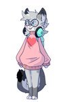 anthro backpack blep blue_eyes blush bottomless chibi clothed clothing electronics eyewear femboy fluffy fur glasses grey_body grey_fur grey_hair hair headphones heart_nose heart_symbol male nerd simple_background solo sweater_dress tongue tongue_out white_background honeytongue nixuelle domestic_cat egyptian_mau felid feline felis mammal absurd_res digital_media_(artwork) hi_res shaded