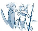 2018 anthro aroused basitin blue_and_white bodypaint bottomwear cathleen_keiser chest_tuft clothed clothing conditional_dnp confusion cornelius_keiser duo female gesture hi_res holding_object holding_weapon loincloth male mammal markings melee_weapon midriff monochrome polearm simple_background sketch skimpy smile spear tail tail_boner tail_gesture tom_fischbach tongue tongue_out tuft twokinds weapon white_background
