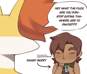 anthro biped blush brown_hair clothed clothing dialogue duo eating eating_food eyebrows female food fruit fur hair male multicolored_body multicolored_fur orange_body orange_fur plant pokemon_berry question_mark rawst_berry rear_view simple_background speech_bubble text white_body white_fur yellow_body yellow_fur svkhaiminh nintendo pokemon delphox generation_6_pokemon human mammal pokemon_(species) english_text hi_res