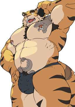 abs animal_genitalia animal_penis anthro armpit_hair barazoku belly_tattoo biceps body_hair bulge cellphone chest_hair chest_tattoo chest_tuft clothed clothing detailed_bulge dragon_tattoo electronics feline_genitalia feline_penis genital_outline genital_piercing genitals holding_cellphone holding_object holding_phone holding_smartphone looking_aside male manly mature_male musclegut muscular muscular_arms muscular_thighs nipple_piercing nipples open_mouth pecs penile_spines penis penis_outline penis_piercing phone piercing piercing_outline prince_albert_piercing pubes simple_background smartphone solo standing talking_to_another tattoo thong thong_only topless triceps tuft underwear underwear_only white_background cromren felid mammal pantherine tiger 2023 absurd_res hi_res