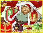 anthro belly big_belly christmas_clothing christmas_headwear clothing eyes_closed gift hat headgear headwear holidays kemono male moobs overweight overweight_male santa_hat sitting solo okudami christmas santa_claus felid lion mammal pantherine 2022