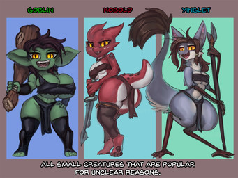 anthro bandeau big_breasts blue_body blue_fur bottomwear breast_size_difference breasts brown_hair clothed clothing club_(weapon) female fluffy fluffy_tail fur green_body green_skin group hair hand_on_hip holding_club holding_melee_weapon holding_object holding_polearm holding_spear holding_weapon huge_breasts loincloth looking_at_viewer melee_weapon multicolored_body multicolored_fur multicolored_scales navel open_mouth open_smile polearm red_body red_scales scales shortstack side_by_side simple_background skimpy smile spear tail text thick_tail thick_thighs toeless_legwear topwear trio two_tone_body two_tone_fur two_tone_scales weapon wide_hips yellow_eyes general-irrelevant out-of-placers goblin humanoid kobold mammal reptile scalie yinglet 2021 4:3 digital_media_(artwork) english_text