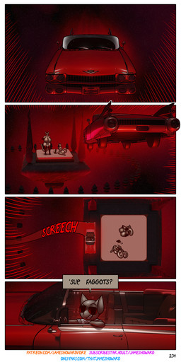 anthro balls big_breasts breasts car dialogue eyewear genitals group gynomorph homophobic_slur huge_breasts intersex male nipples sunglasses text vehicle james_howard cadillac patreon subscribestar aamon_(james_howard) reggie_(james_howard) tina's_mom_(james_howard) tina_(james_howard) bat demon domestic_cat felid feline felis mammal absurd_res comic english_text hi_res