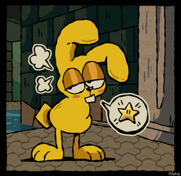 ambiguous_gender anthro armless biped black_border border breath buckteeth column half-closed_eyes inside narrowed_eyes solo speech_bubble standing star teeth wall_(structure) yellow_body robdogdraws mario_bros nintendo super_mario_64 mips power_star lagomorph leporid mammal rabbit hi_res signature