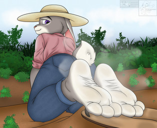 3_toes anthro bodily_fluids clothed clothing countershade_feet countershading farm feet female flip_flops foot_fetish footwear looking_back musk outside sandals shoes soles solo sweat sweaty_feet toes two_tone_feet wrinkled_feet wrinkles coyocislav skonczonyidiota disney zootopia judy_hopps european_rabbit lagomorph leporid mammal oryctolagus rabbit hi_res