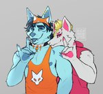 anthro blep blonde_hair blue_eyes blue_hair blue_tongue clothing collar duo ear_piercing fur hair headgear headwear hoodie looking_at_viewer male male/male multicolored_body multicolored_fur muscular piercing pink_eyes romantic romantic_couple shirt tank_top tongue tongue_out topwear two_tone_body two_tone_fur white_body white_fur diamobster asian_mythology east_asian_mythology epic_games fortnite japanese_mythology mythology drift_(fortnite) katsu_(character) canid canine fox mammal yokai