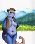 anthro blue_body blue_fur breasts clothing fangs featureless_breasts female fur grass green_eyes hat headgear headwear mountain plant slightly_chubby teeth topwear vest bigladydragon mika_(tenpoundhammer) american_opossum mammal marsupial