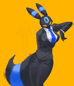 anthro big_tail black_body black_clothing black_fur blue_body blue_fur blue_markings blue_necktie breasts clothed clothing female fingers fluffy fluffy_tail fur markings necktie pose simple_background solo suit tail text wide_hips yellow_background yellow_eyes jimblym nintendo pokemon eeveelution generation_2_pokemon mammal pokemon_(species) shiny_pokemon umbreon 2026 artist_name english_text hi_res