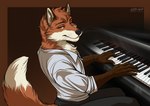 anthro bottomwear chest_tuft clothing dipstick_tail jewelry keyboard_instrument looking_at_viewer male markings musical_instrument necklace orange_eyes pants piano playing_music playing_piano rolled_up_sleeves shirt simple_background sitting smile smiling_at_viewer smirk smirking_at_viewer solo tail tail_markings topwear tuft whiskers white_clothing white_shirt white_topwear littlebadwolf doppelfoxx jakkals_van_der_bergh_(doppelfoxx) canid canine fox mammal signature