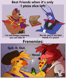 5_fingers anthro blue_body blue_fur bow_tie box brown_body brown_fur clothing container cowboy_hat cross-popping_vein dialogue ear_piercing ears_back ears_down eye_contact feathers female fingerless_gloves fingers frown fur gloves green_body green_feathers group handwear hat headgear headwear humor looking_at_another male neck_grab piercing pivoted_ears pizza_box pizza_in_mouth purple_eyes red_body red_fur smile top_hat topwear vest yellow_body yellow_eyes yellow_feathers devilchicky210 five_nights_at_freddy's five_nights_at_freddy's:_security_breach five_nights_at_freddy's_2 scottgames steel_wool_studios glamrock_bonnie_(fnaf) glamrock_chica glamrock_foxy_(fnaf) glamrock_freddy toy_chica_(fnaf) avian bear bird canid canine chicken fox galliform lagomorph leporid mammal parrot phasianid rabbit ursine colored hi_res