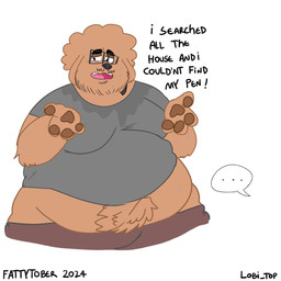 anthro belly bodily_fluids dialogue male navel nerd obese overweight overweight_male pawpads paws solo speech_bubble sweat sweatdrop text weight_gain lobi_top fattytober canid canine canis domestic_dog mammal 1:1 english_text hi_res