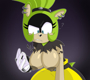 accessory anthro areola big_breasts black_body black_fur blue_eyes bottomwear bracelet breasts clothing confusion ear_piercing ear_ring exposed_breasts eyelashes facial_markings female fur gloves green_body green_fur grey_areola grey_background grey_clothing grey_nipples grey_topwear hair hair_accessory hair_tie handwear head_markings jewelry markings nipples pants piercing ponytail question_mark ring ring_piercing simple_background solo studded_bracelet studded_hair_tie studded_jewelry studs tan_body tan_fur topwear torn_clothing wardrobe_malfunction white_clothing white_gloves white_handwear yellow_bottomwear yellow_clothing yellow_pants blakey idw_publishing sega sonic_the_hedgehog_(comics) sonic_the_hedgehog_(idw) sonic_the_hedgehog_(series) surge_the_tenrec afrosoricid mammal tenrec hi_res