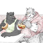 anthro band-aid bandage burger clothed clothing duo eating food fur hoodie male muscular open_mouth overweight paws shirt simple_background smile solo spots tank_top tongue topwear solomon gary_anderson ramzes felid hyena mammal pantherine spotted_hyena 1:1 hi_res