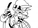 3_fingers anthro clothed clothing female fingers fur half-closed_eyes horn melee_weapon narrowed_eyes partially_clothed smile solo sword tail weapon thekatdragon49 mythology katherine_silvera_(kat) dragon furred_dragon furred_scalie mythological_creature mythological_scalie scalie monochrome