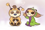 anthro baby_bottle bee_costume big_ears blush claws clothing costume duo eyes_closed heart_symbol male pacifier raised_arm sitting teeth young young_anthro felyn league_of_legends riot_games tencent beemo gnar_(lol) teemo_(lol) mammal yordle