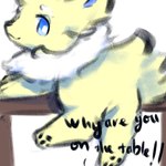 ambiguous_gender black_nose black_pawpads blue_eyes feral fluffy fur furniture pawpads paws simple_background solo table text tuft white_background white_body white_fur white_sclera yellow_body yellow_fur snoiifoxxo nintendo pokemon eeveelution generation_1_pokemon jolteon pokemon_(species) 1:1 digital_media_(artwork) english_text hi_res