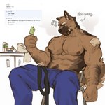 abs anthro bandage barazoku big_mustache bodily_fluids chair clothing furniture male muscular muscular_anthro muscular_male on_chair pants_only pecs popsicle_melting sitting sitting_on_chair solo sweat sweatdrop sweaty_pecs text jxiij4w9302ypmv canid canine canis domestic_dog german_shepherd herding_dog mammal pastoral_dog 1:1 english_text hi_res korean_text