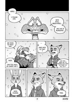 accessory anthro begrudgingly blood blood_on_face bodily_fluids clothing dialogue disapproval discovery fangs female feral group male missing_fang necktie nosebleed pointy_ears rabbit_ears scales scarf sweater teeth text topwear unconscious some_(someone) disney zootopia gary_de'snake judy_hopps nick_wilde pawbert_lynxley canada_lynx canid canine european_rabbit felid feline fox lagomorph leporid lynx mammal oryctolagus pit_viper rabbit red_fox reptile scalie snake true_fox viper black_and_white comic english_text hi_res monochrome