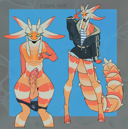 antennae_(anatomy) balls big_penis bodily_fluids clothing dripping erection femboy genital_fluids genitals gesture hand_gesture looking_at_viewer male nude panties penis pointing pointing_at_penis precum precum_drip presenting simple_background solo thick_penis underwear wide_hips yellow_eyes cyber_d1e fan_character arthropod insect absurd_res hi_res