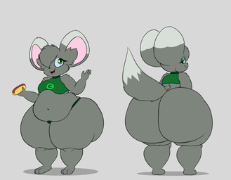 anthro belly big_butt butt clothing femboy food gesture hot_dog huge_butt male slightly_chubby slightly_chubby_male solo thong topwear underwear waving waving_at_viewer westrnchilla westrn chinchilla chinchillid mammal rodent absurd_res hi_res